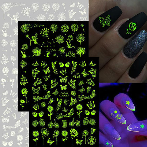 Glow in the Dark Nail Stickers, Flower Butterfly Nail Decals Charms for Nail Art Decoration
