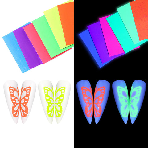 6 Colors Set Nail Art Stickers Butterfly Fluorescent Neon Laser Effect Nail Tips Foil Decals 2594 - Artlalic Nail Art Manicure Makeup Beauty Fashion