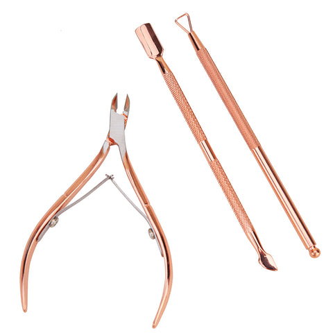 3 Pcs/Set Nail Tools Dead Skin Pushers Romover Rose Gold Cuticle Nippers Scissors Stainless Steel Nail Art Manicure Accessory - Artlalic Nail Art Manicure Makeup Beauty Fashion
