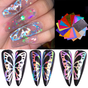 16 Sheets Nail Art Stickers Butterfly Design Laser Effect Holographic Nail Tips Decoration DIY Manicure Decals - Artlalic Nail Art Manicure Makeup Beauty Fashion