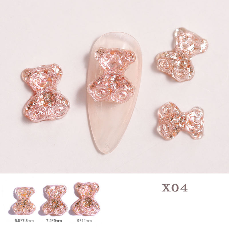 6Pcs 3D Cute Bear Resin Nail Art Decorations Aurora Rhinestone For