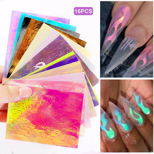 16Pcs Fire Holographic Strip Tape Nail Art Stickers Laser Silver DIY Foil Decal 2217 - Artlalic Nail Art Manicure Makeup Beauty Fashion