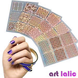 24 Sheets Nail Art Laser Sticker Stencil Polish Vinyl Tip Guide Template Decals 1677 - Artlalic Nail Art Manicure Makeup Beauty Fashion