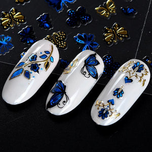 30Pcs Blue Gold 3D Nail Art Sticker Hollow Decals Mixed Designs Adhesive Flower Butterfly 2510