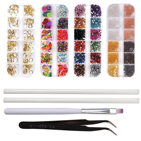 8Pcs Nail Art Set 3D Mixed Rhinestones Sequins Caviar Beads Dotting Pen Brushes Tweezers Kit 2579