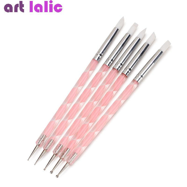 5Pcs 2 Way Nail Art Silicone Pen with Dotting Tools Marbleizing Brushes 0570