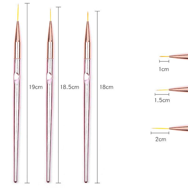 3Pcs Rose Gold Nail Art Fine Liner Pen Brushes Set 0485