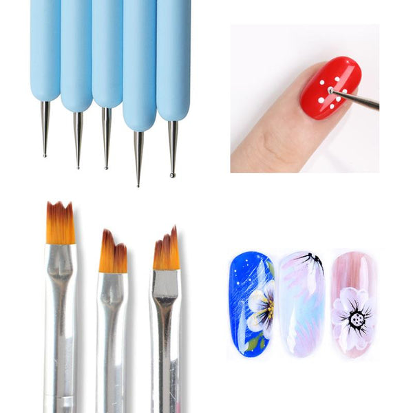 5Pcs Blue Nail Art Pen Double Ends Dotting Tools with Brushes  0645