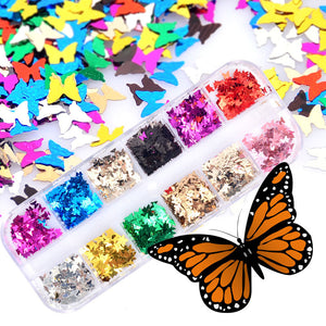 12 Colors Nail Art Flakes Glitter Sequins Paillette Butterfly 3D Tips Decoration 2161 - Artlalic Nail Art Manicure Makeup Beauty Fashion